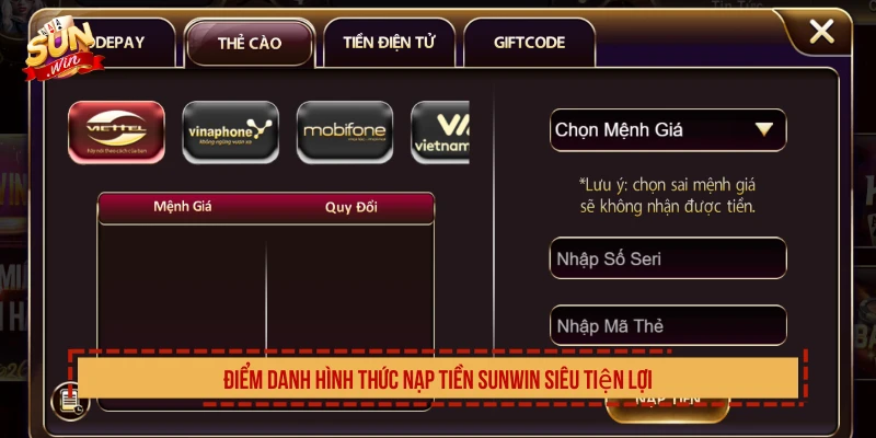 Điểm danh hình thức nạp tiền SUNWIN siêu tiện lợi