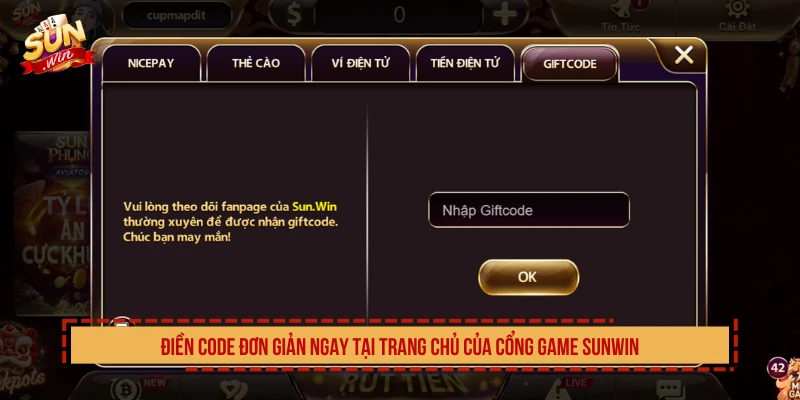 Điền code đơn giản ngay tại trang chủ của cổng game SUNWIN